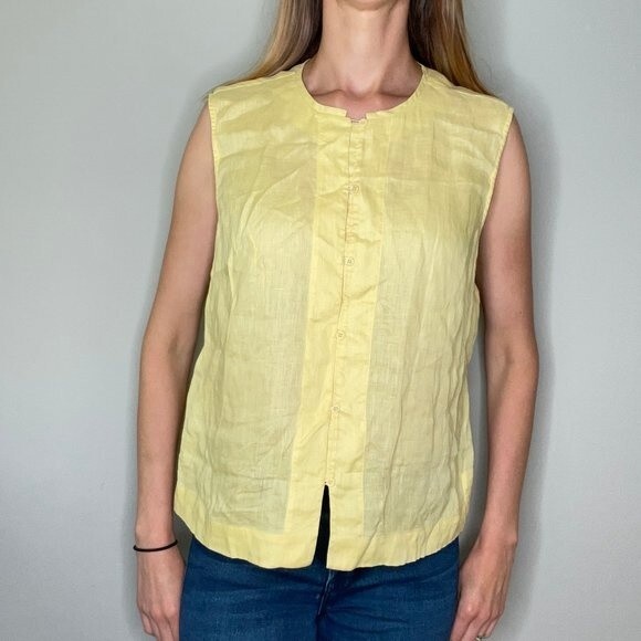 Unbranded 100% Linen Sleeveless Button Up Button Down Shirt Blouse Yellow Large - Picture 1 of 10